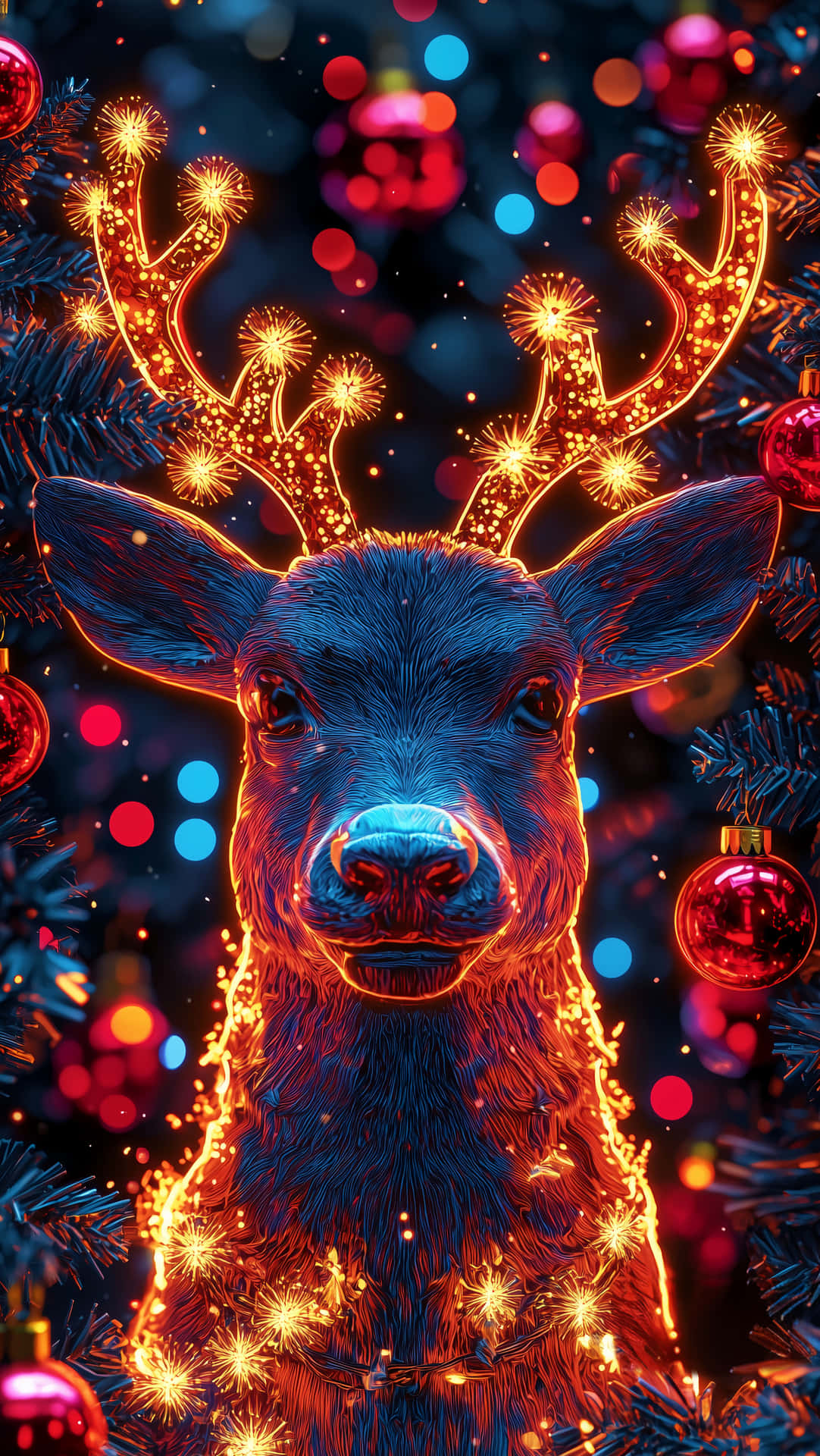 Christmas Wallpapers 壁紙 — 一隻發光的藍色馴鹿，帶有火橙色的鹿角和身體燈光，站在節日紅色和藍色散景裝飾中。