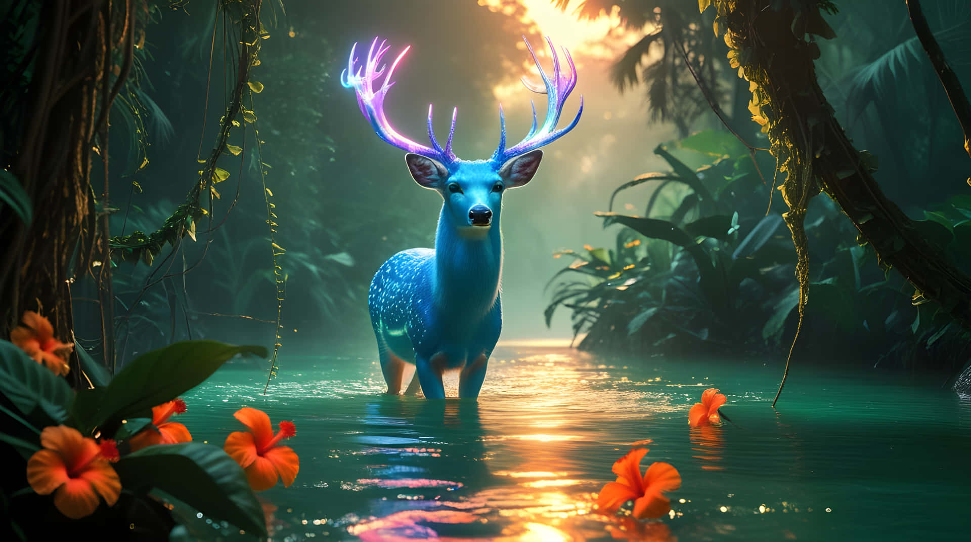 A cute deer in the water wallpaper 壁紙 — 一隻發光的藍色鹿，帶有霓虹鹿角，站在陽光明媚的叢林溪流中，周圍環繞著橙色花朵。