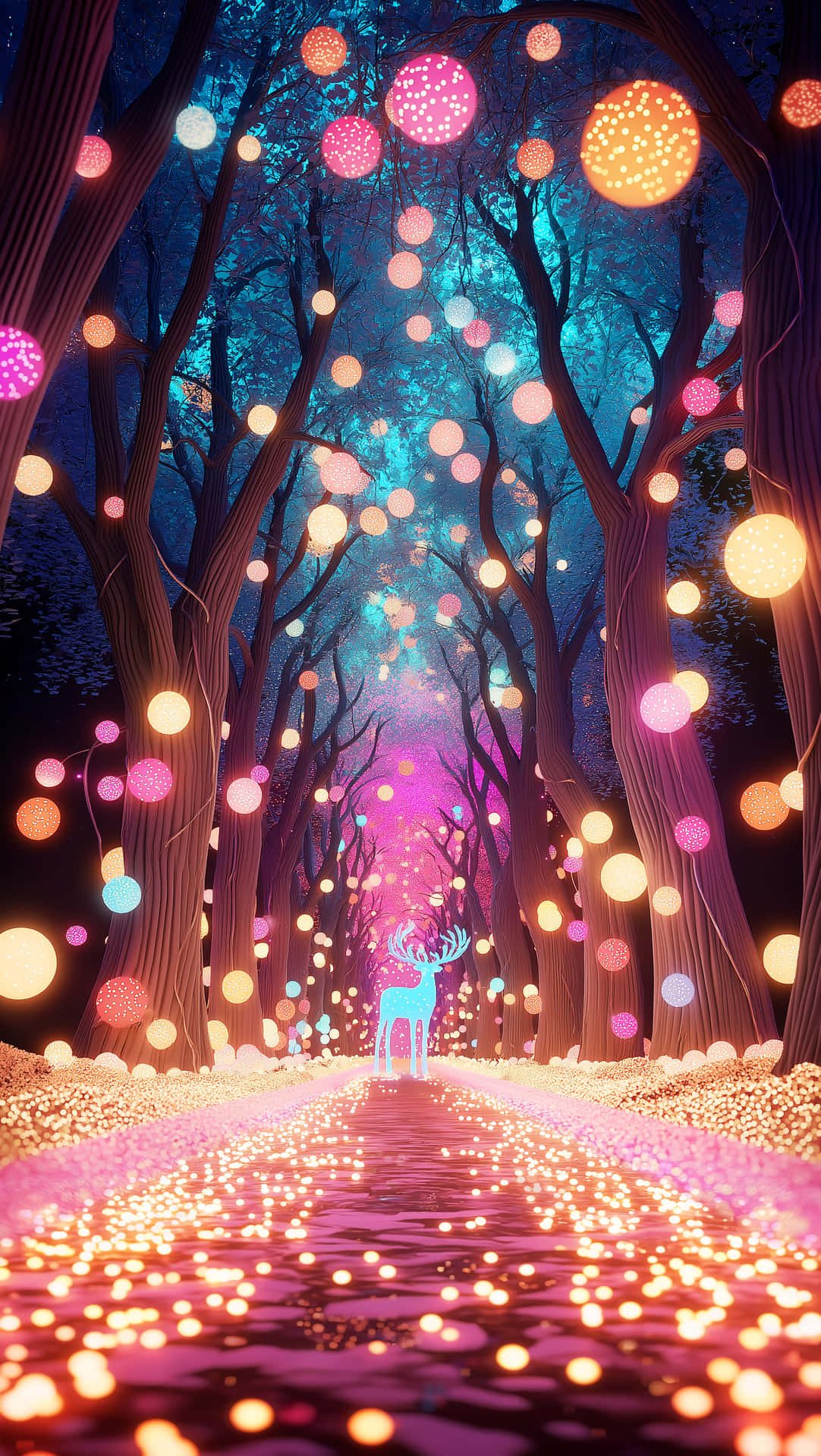 Christmas Wallpapers 壁紙 — 一隻發光的藍色鹿站在魔法森林中一條閃爍小徑的盡頭，小徑兩旁有樹木和漂浮的彩色球體。