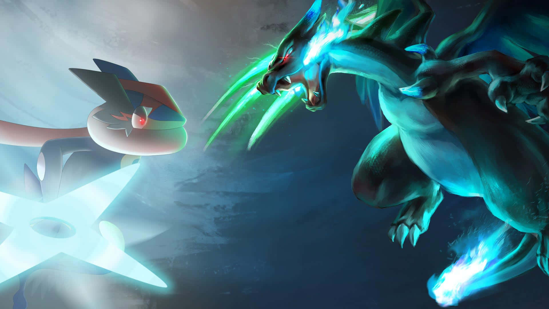 Pokemon Posters 桌布 壁紙 — 一隻發光的藍色龍，帶有綠色能量爪，在黑暗的天空中與一隻帶有星形光環的白色和紅色生物對峙。