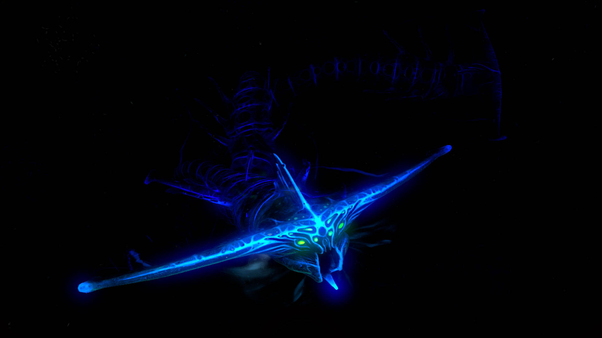 ghost leviathan 桌布 壁紙 — 一隻發光的藍色龍，擁有霓虹眼睛和複雜圖案，在漆黑的虛空中飛翔。