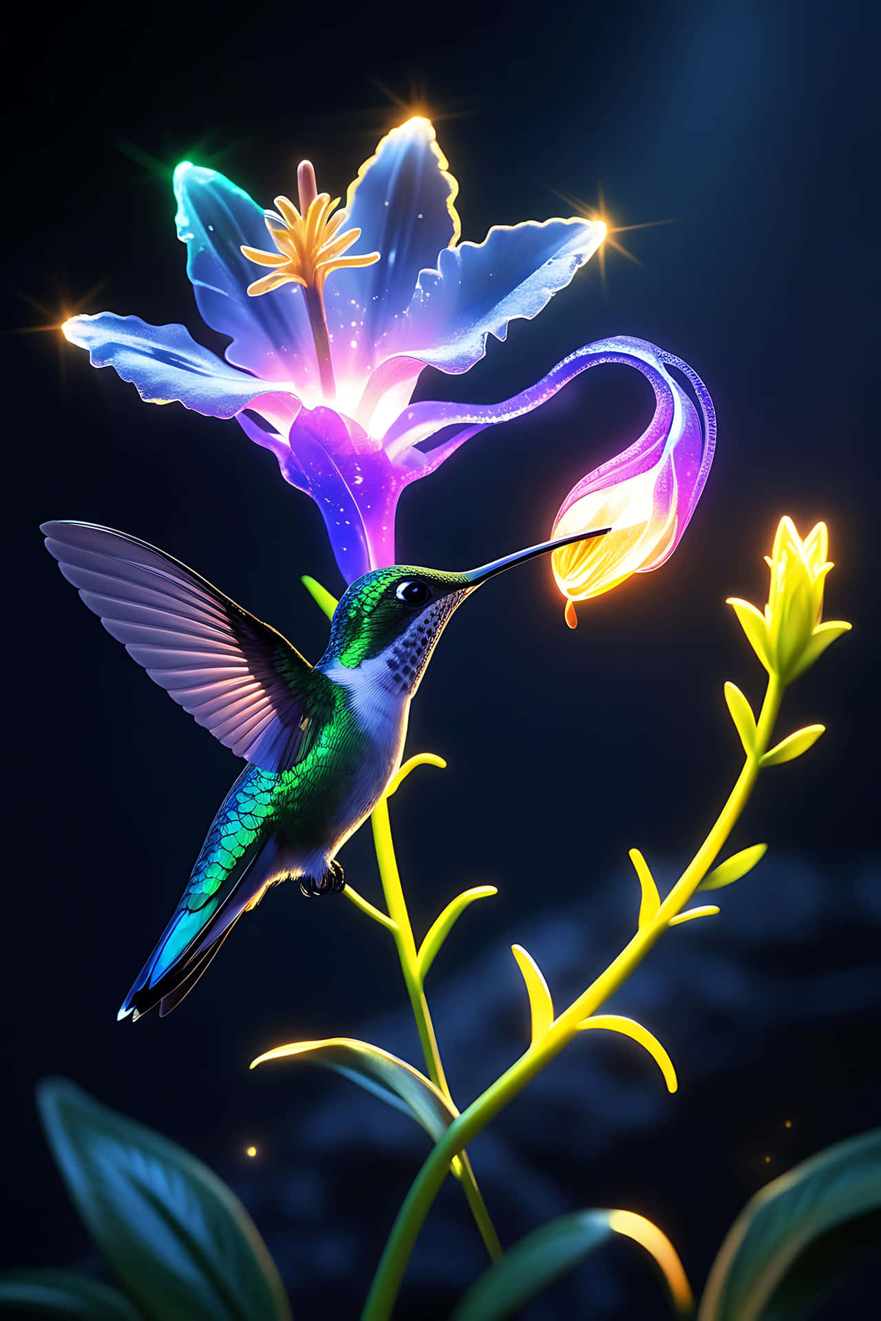 Hummingbird feeding on illuminated flower 壁紙 — 一隻發光的蜂鳥在黑暗背景前，靠近一朵帶有星爆高光的紫色花朵盤旋。