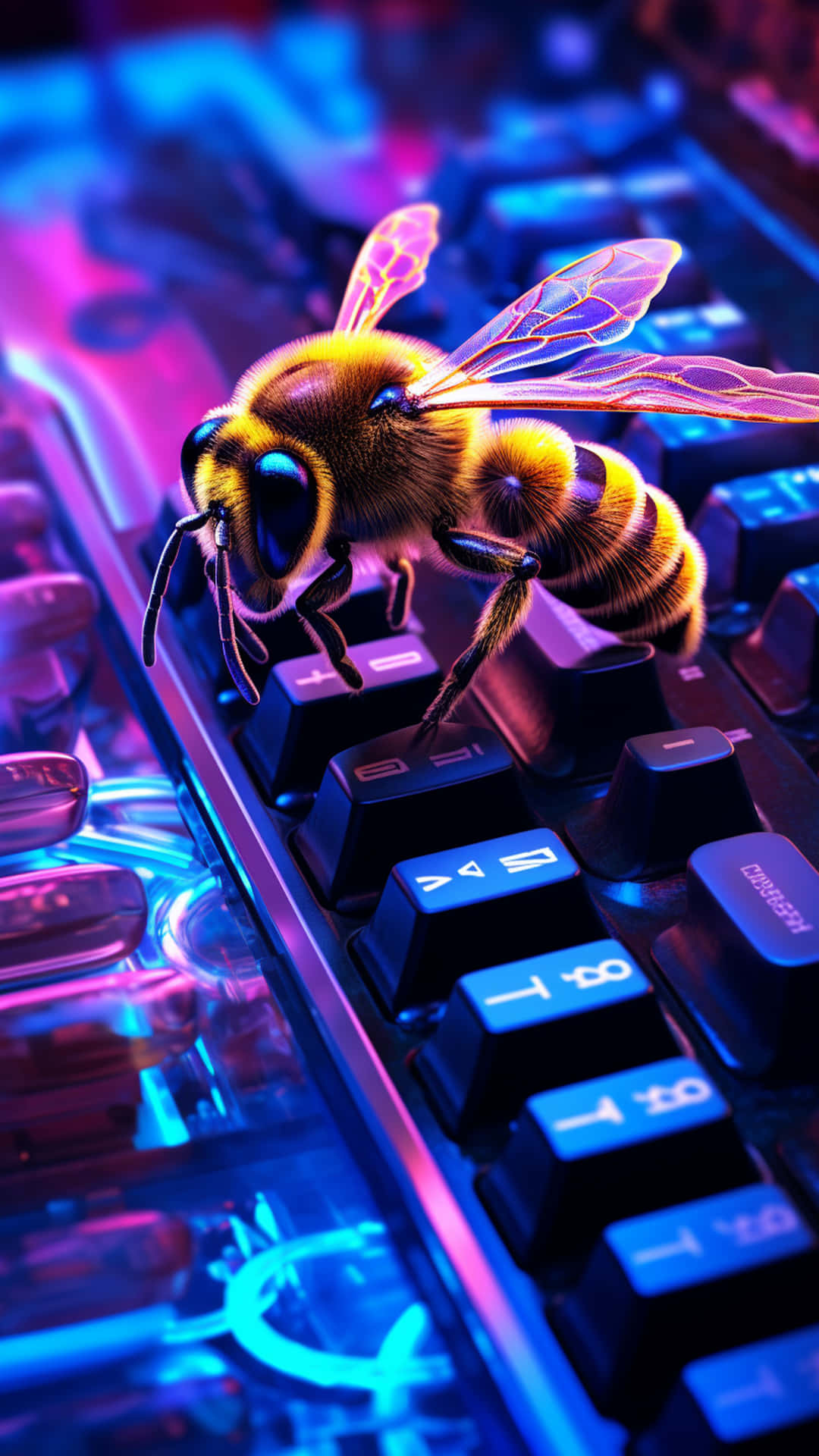 Neon keyboard and neon bee wallpaper 壁紙 — 一隻發光的蜜蜂，帶有半透明的翅膀，棲息在一個充滿電光藍和粉紅色調的霓虹燈鍵盤上。