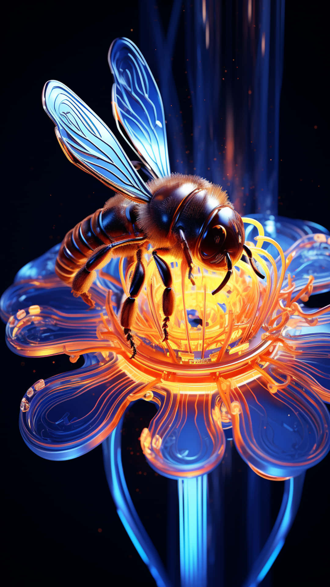 Neon bee and black background 壁紙 — 一隻發光的蜜蜂，帶有半透明的藍色翅膀，棲息在一朵發光的橙色和藍色花朵上，背景為深色。