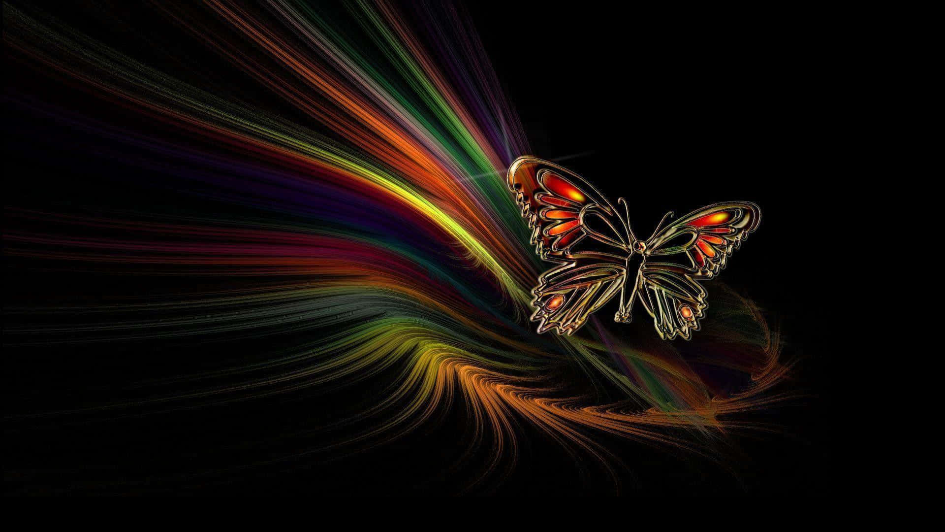 Cool Butterfly 桌布 壁紙 — 一隻發光的蝴蝶，帶有火焰般的翅膀，從旋轉的彩虹流中浮現，背景是黑色的虛空。