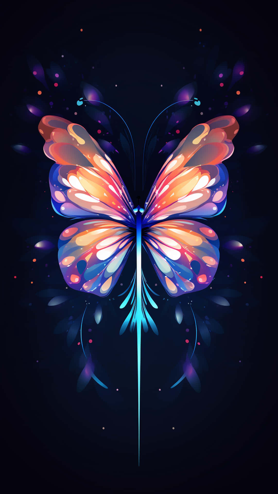 A butterfly new black background design view 壁紙 — 一隻發光的蝴蝶，帶有虹彩橙色、藍色和紫色的翅膀，在黑暗的宇宙背景中發光，並有漂浮的粒子。