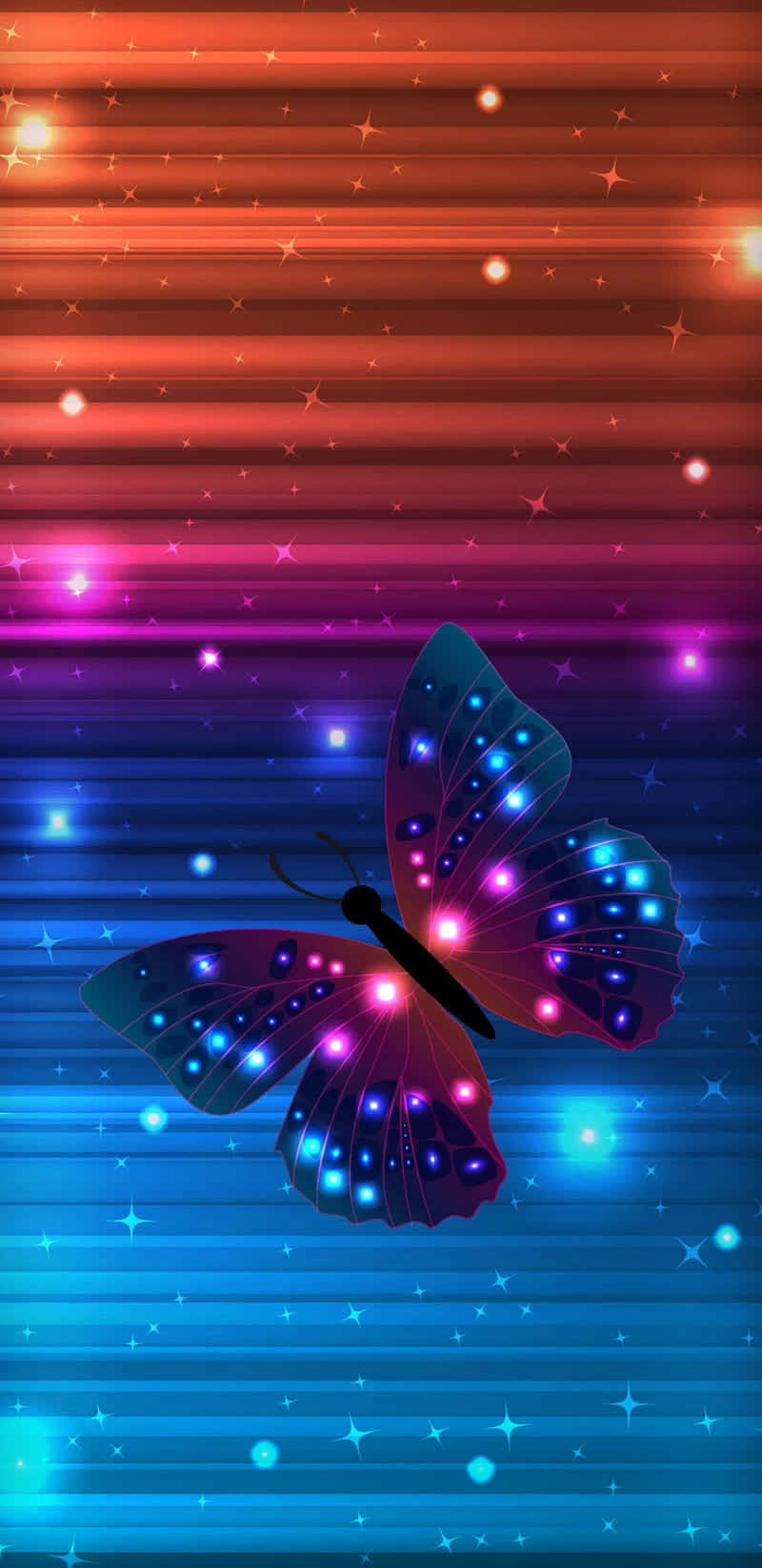 Glitter Butterfly 桌布 壁紙 — 一隻發光的蝴蝶，翅膀上有霓虹藍和粉紅色的光芒，飛過一條充滿星星的鮮豔漸變天空。