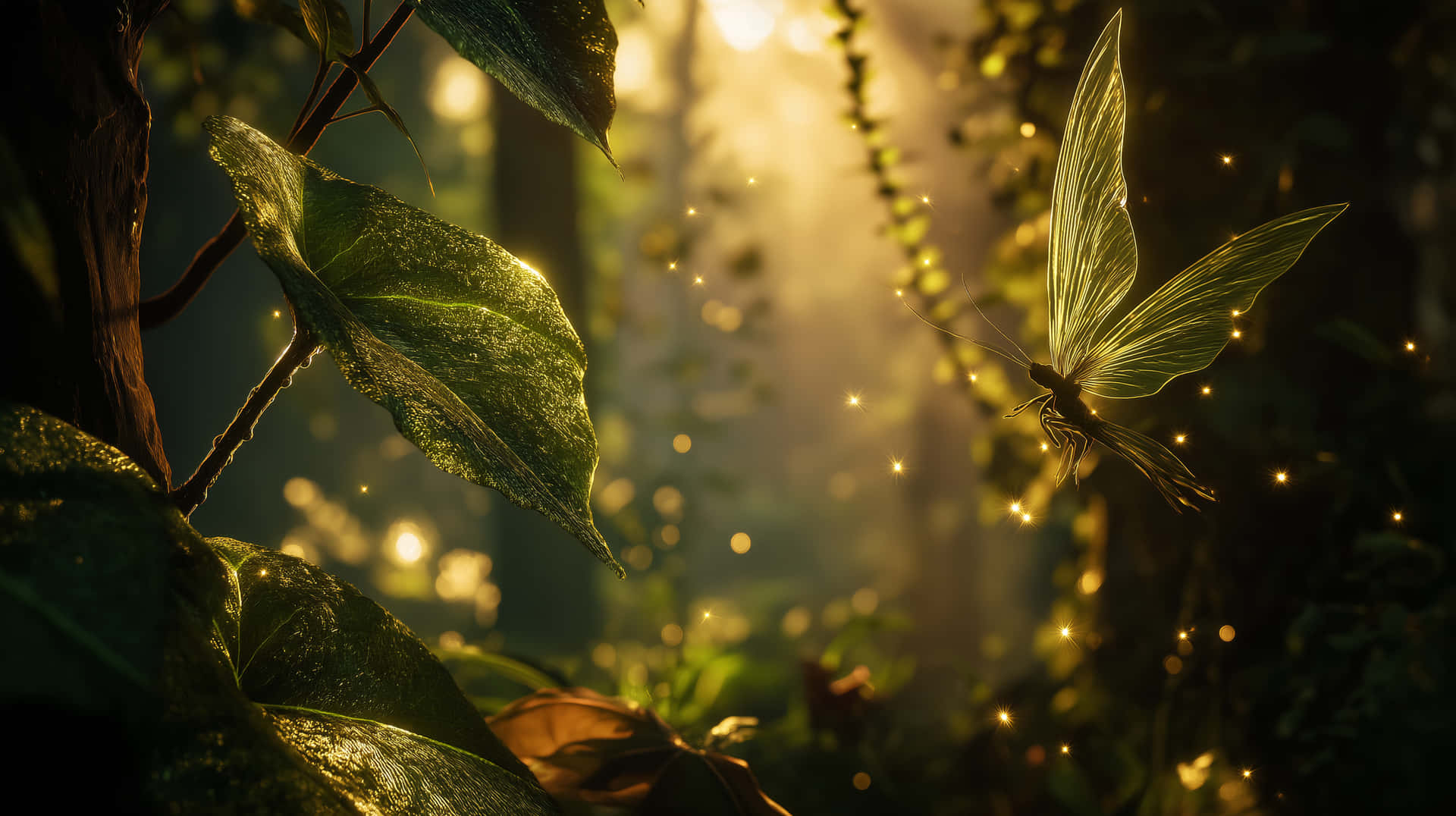 Lush Forest with Illuminated Leaves and Fairy Butterfly 壁紙 — 一隻發光的蝴蝶，翅膀半透明，在陽光明媚的森林中飛舞，金色的光線穿過茂密的綠葉和漂浮的閃光。
