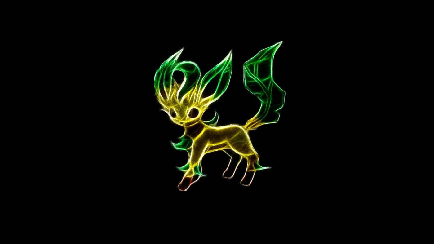 寶可夢 桌布 壁紙 — 一隻發光的螢光綠和黃色、像狐狸的生物，長著葉狀耳朵和尾巴，站在黑色背景前。