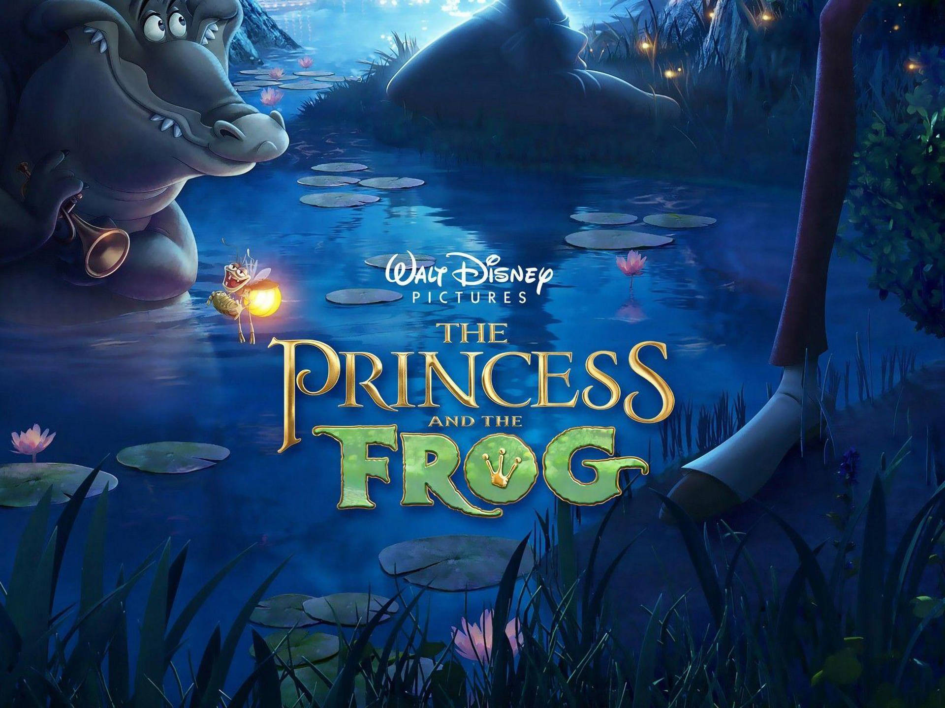 Princess 桌布 壁紙 — 一隻發光的螢火蟲照亮了夜晚寧靜的沼澤，一隻友善的鱷魚和一隻長腿從水邊探出頭來。