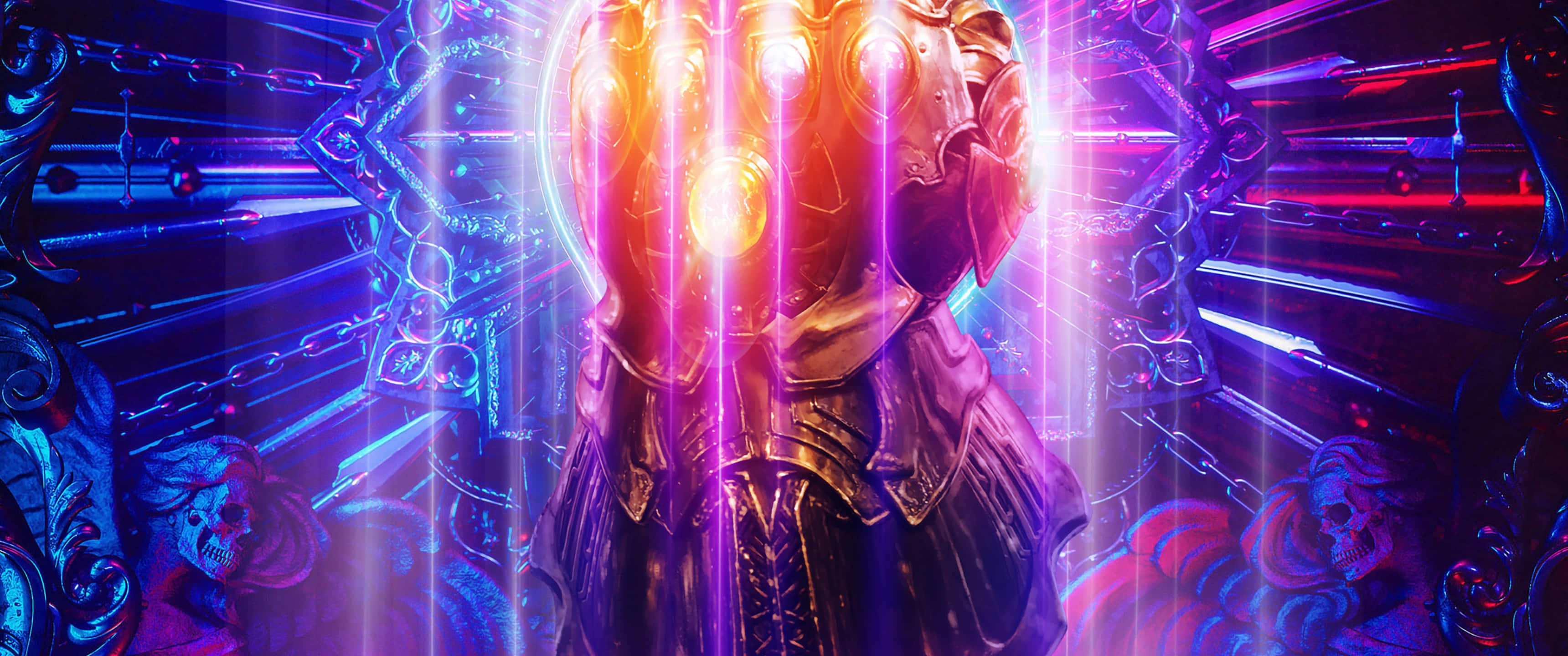 infinity war 桌布 壁紙 — 一隻發光的金色手套在紫藍色鎖鏈和頭骨的黑暗背景下散發出強烈的光芒。