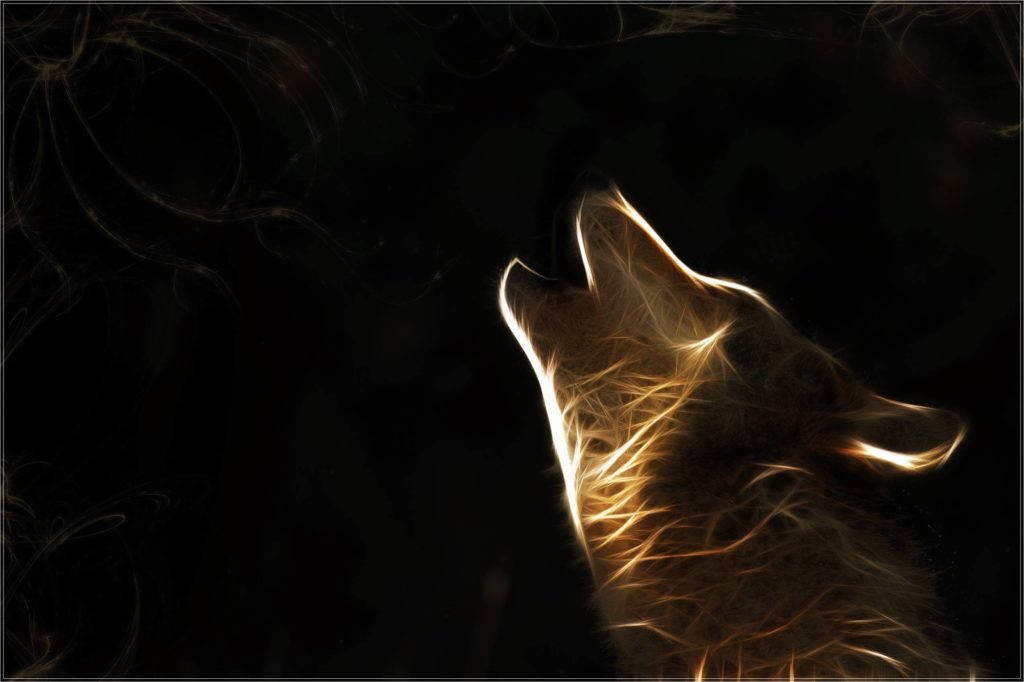 HD Wolf 桌布 壁紙 — 一隻發光的金色狼在黑暗背景上向上嚎叫，周圍環繞著飄渺的光跡。