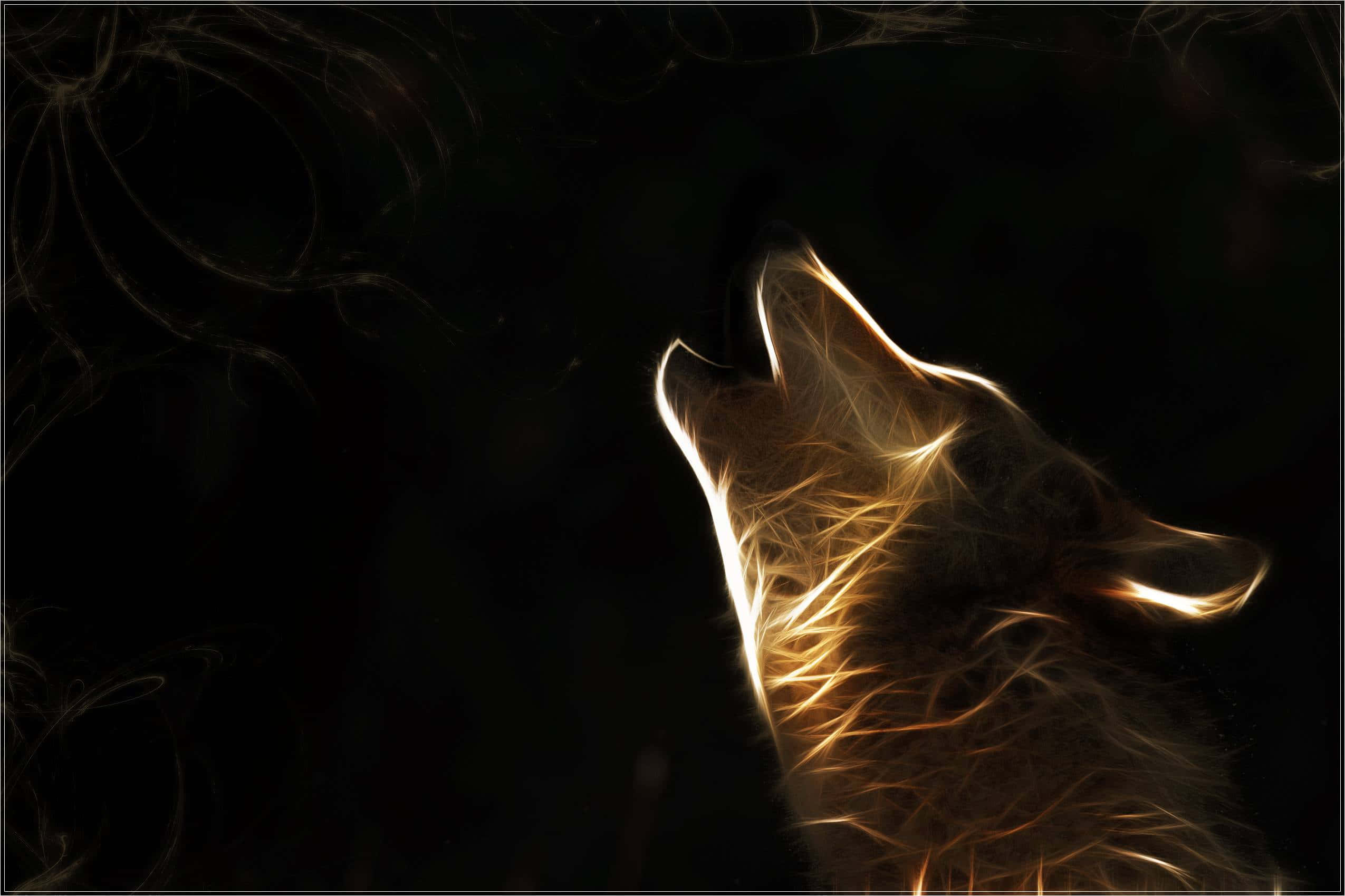 3d Wolf 桌布 壁紙 — 一隻發光的金色狼在黑暗背景下向上嚎叫，周圍環繞著空靈的光跡。
