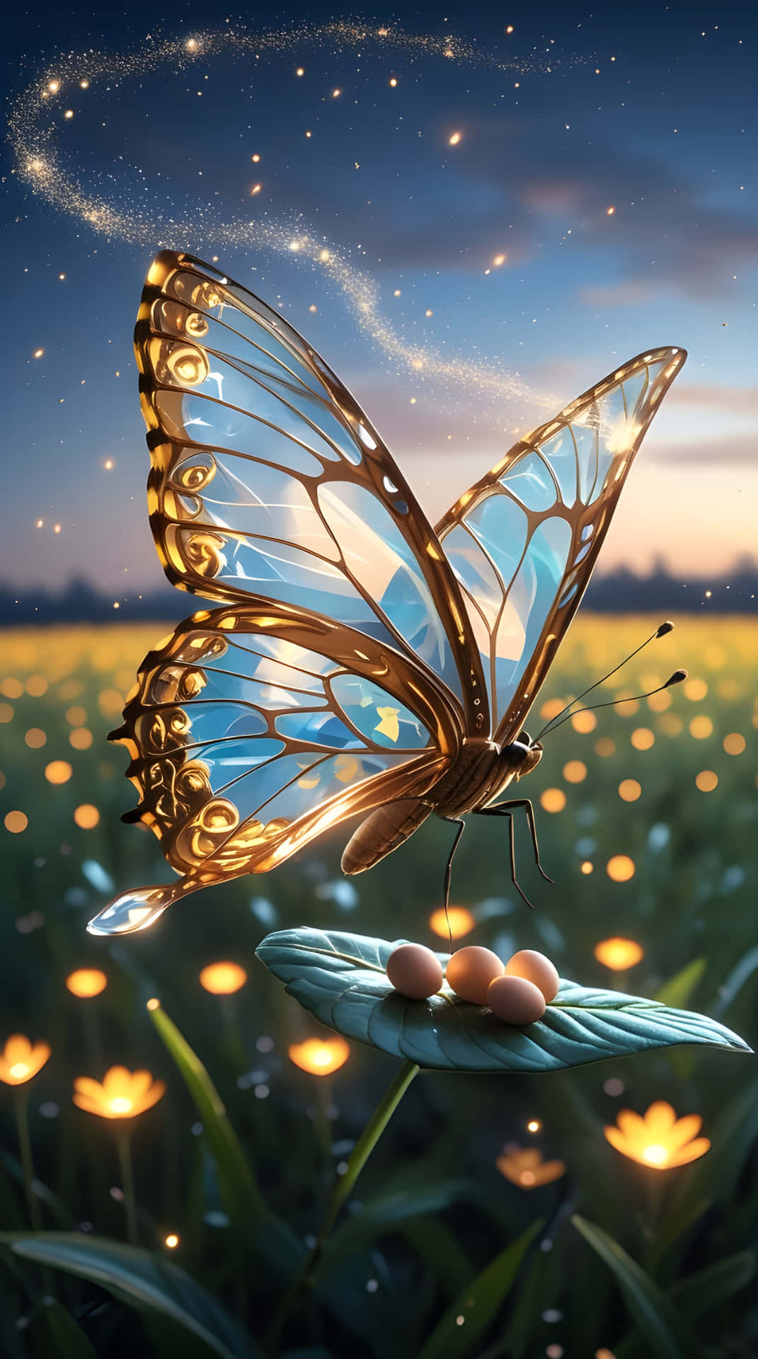 A beautiful butterfly 壁紙 — 一隻發光的金色蝴蝶，帶有半透明的藍色翅膀，在星光暮色草地上盤旋於一片葉子上，葉子上有三顆蛋。