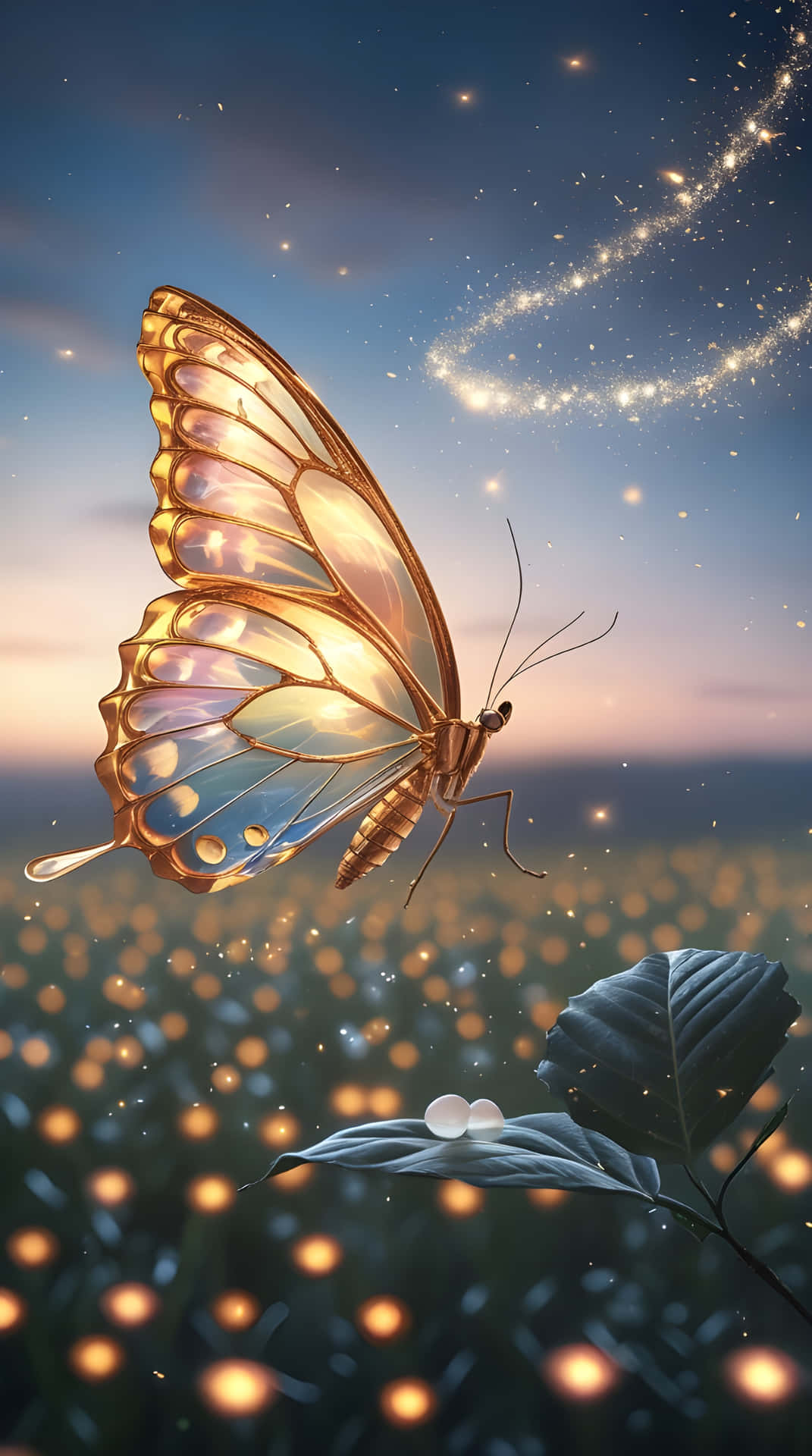 Beautiful butterfly in sky 壁紙 — 一隻發光的金色蝴蝶，翅膀半透明，在星光燦爛的暮色天空下，飛翔在發光球體的原野之上。
