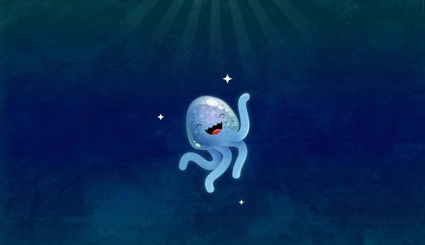 Cute Animations 桌布 壁紙 — 一隻發光的開心章魚帶著燦爛笑容漂浮在深藍色海水中，陽光從上方穿透下來。