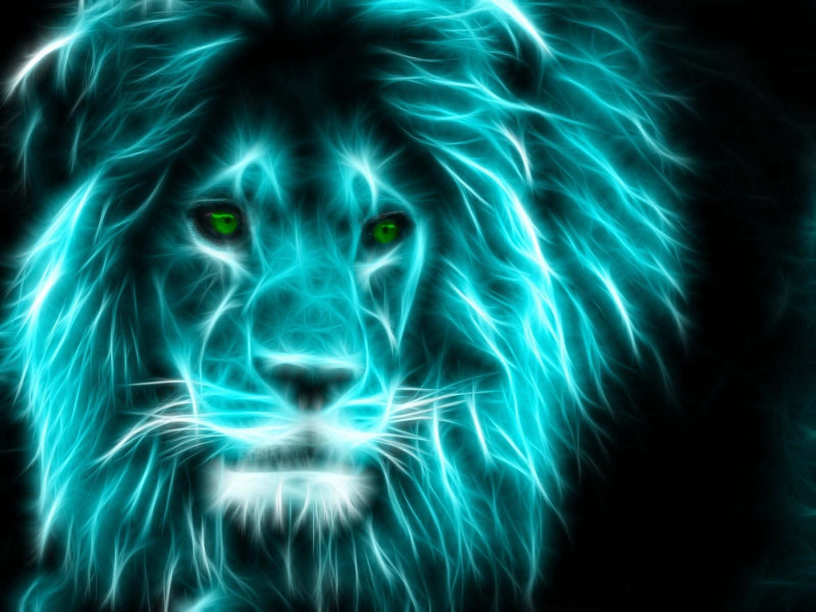 Lions 桌布 壁紙 — 一隻發光的電光藍色獅子，擁有充滿活力的綠色眼睛，在黑色背景下強烈凝視。
