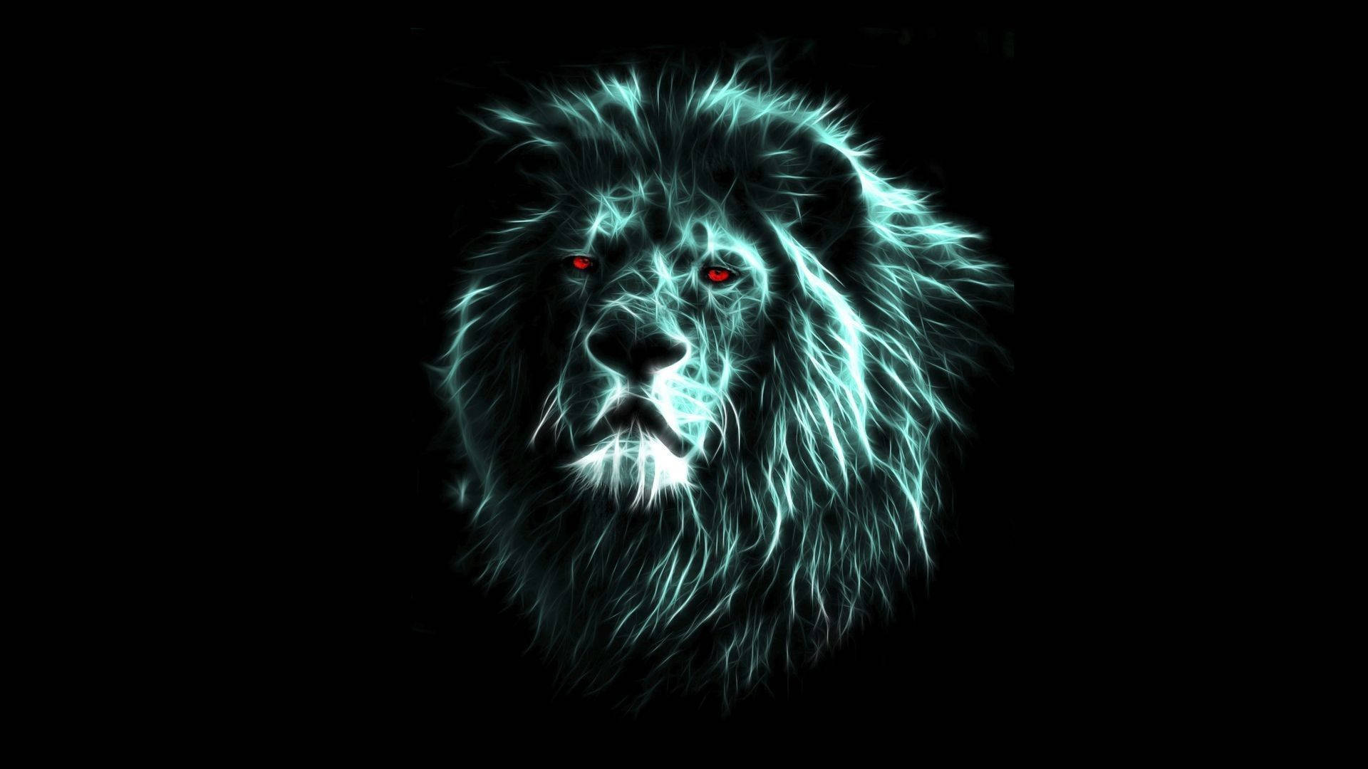 Cool Lion 桌布 壁紙 — 一隻發光的電光藍色獅子，有著火紅色的眼睛，在漆黑的背景下強烈地凝視著。