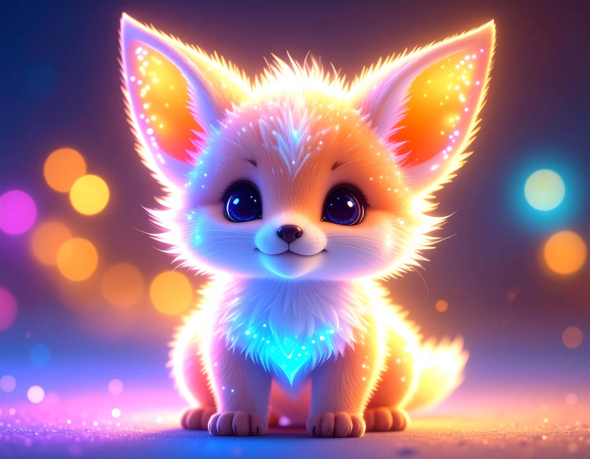 Mythical Creature 壁紙 — 一隻發光的霓虹狐狸幼崽，毛皮閃閃發光，藍色大眼睛，坐在色彩繽紛的散景背景前。