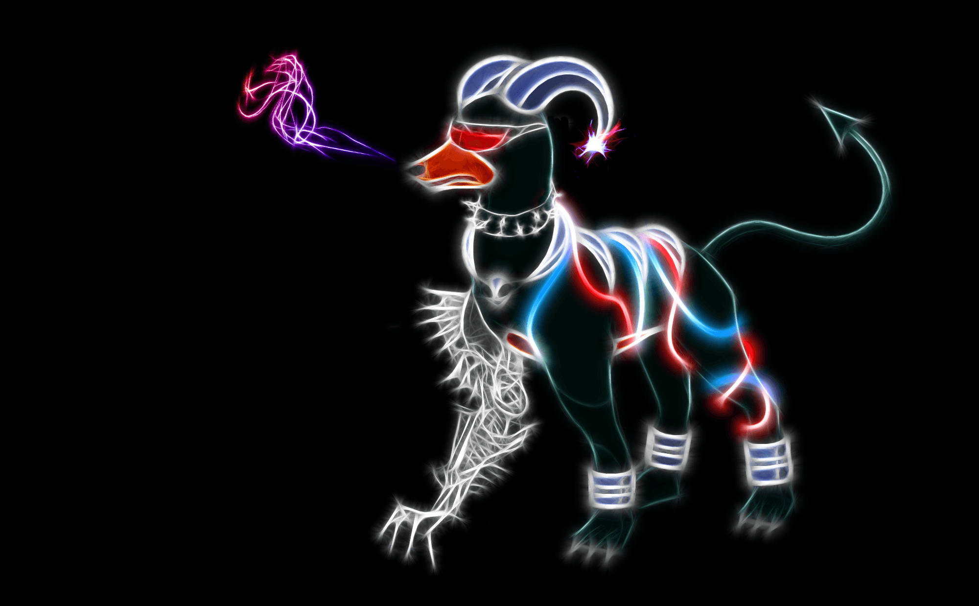 動漫 桌布 壁紙 — 一隻發光的霓虹狗，帶有電光藍、紅和白色輪廓，在黑色背景上發射紫色能量爆炸。