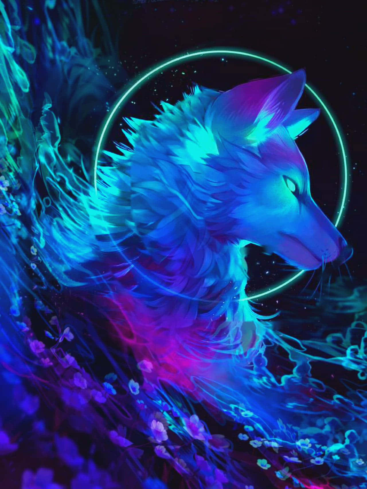 Epic Wolf 桌布 壁紙 — 一隻發光的霓虹狼，帶有電光藍色和紫色的毛髮，站在宇宙能量和漂浮的花朵中，下方有一個發光的環。