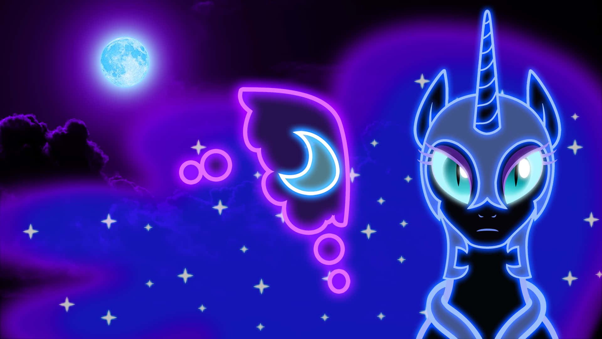 Nightmare Moon 桌布 壁紙 — 一隻發光的霓虹獨角獸，有著青色眼睛，在藍色月亮下凝視著繁星點點的紫色夜空。