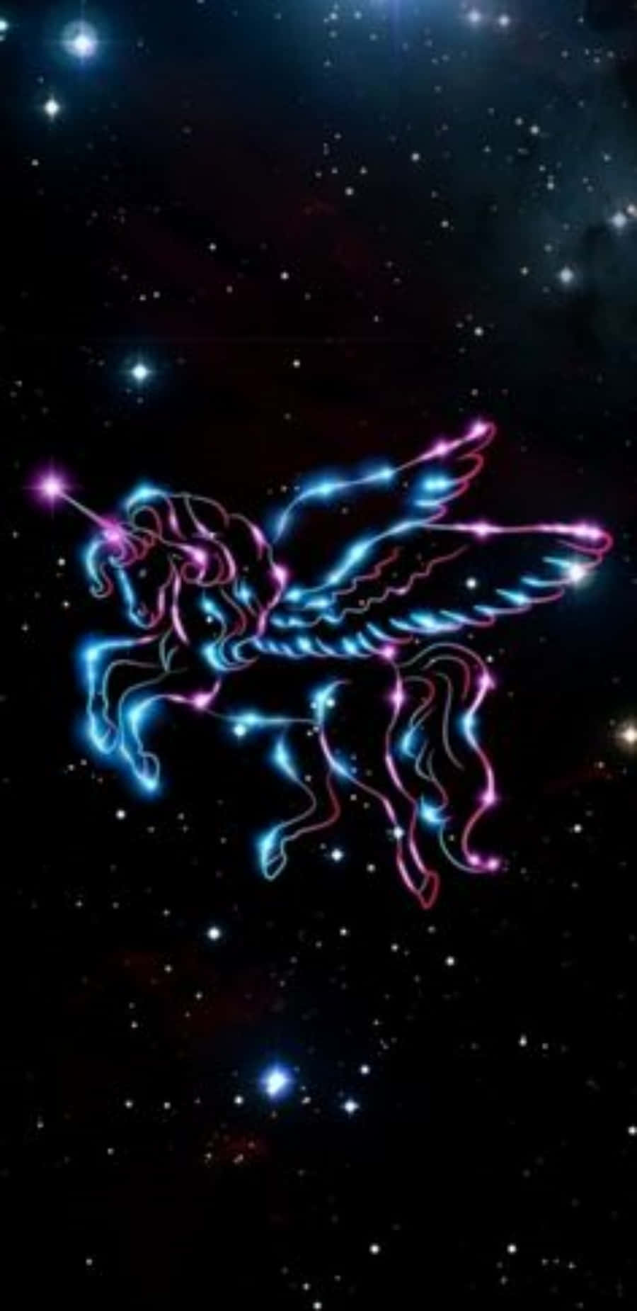 獨角獸 桌布 壁紙 — 一隻發光的霓虹獨角獸展開翅膀，在滿是星光的宇宙夜空中以鮮豔的電光色調翱翔。