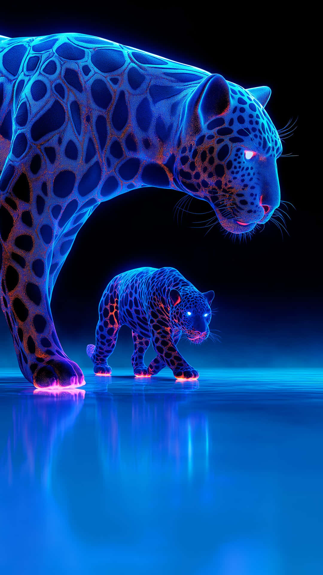 Ethereal glow of two phantom jaguars walking on a reflective neon blue surface 壁紙 — 一隻發光的霓虹藍色和紫色美洲豹和幼崽站在黑色背景下的反光表面上。