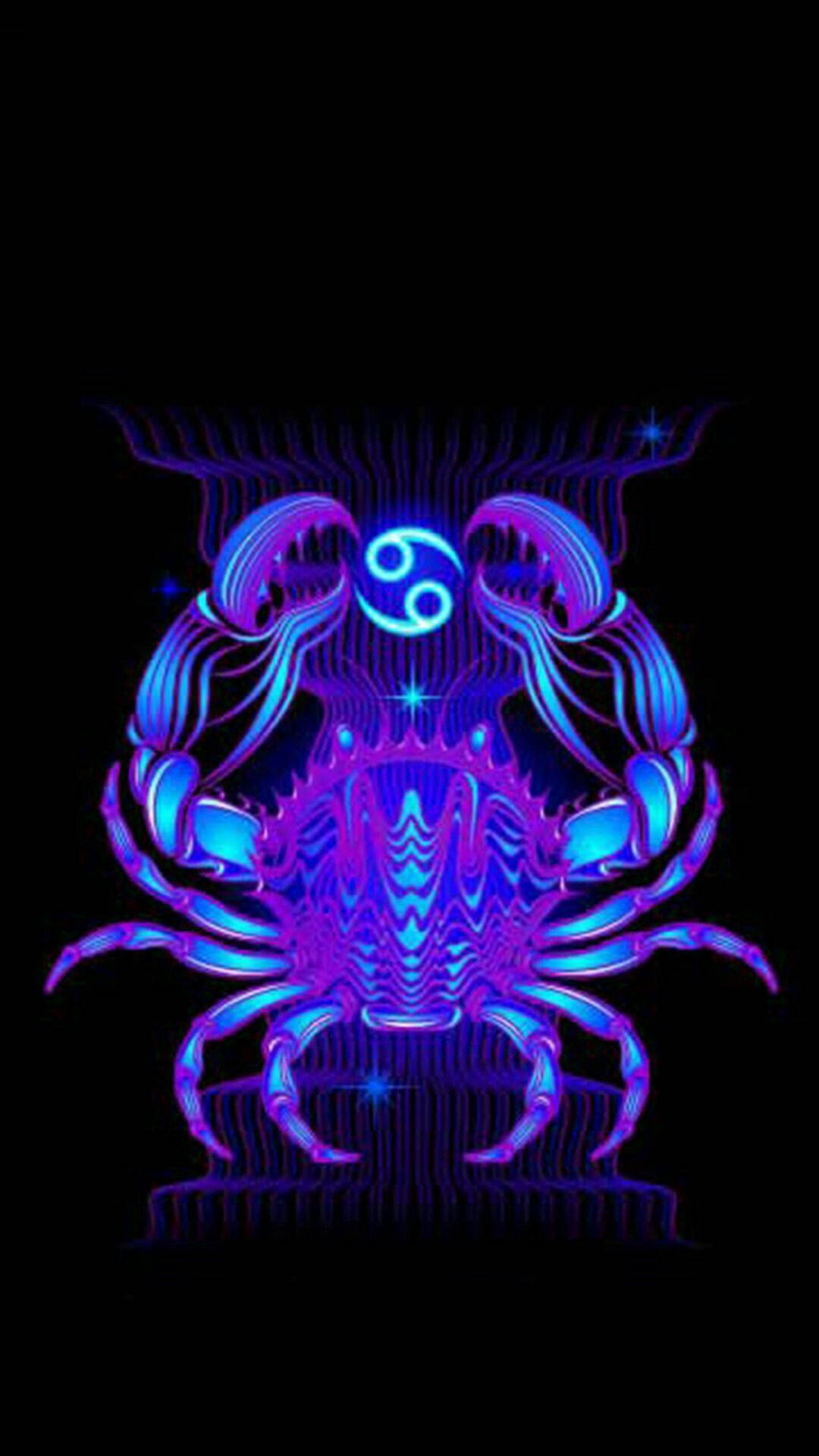 zodiac 桌布 壁紙 — 一隻發光的霓虹藍色和紫色螃蟹，背上帶有陰陽符號，在黑色背景上散發光芒。
