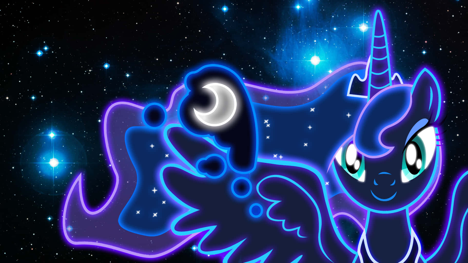 Nightmare Moon 桌布 壁紙 — 一隻發光的霓虹藍色小馬，帶有新月可愛標記，在繁星點點的宇宙夜空中平靜地漂浮。