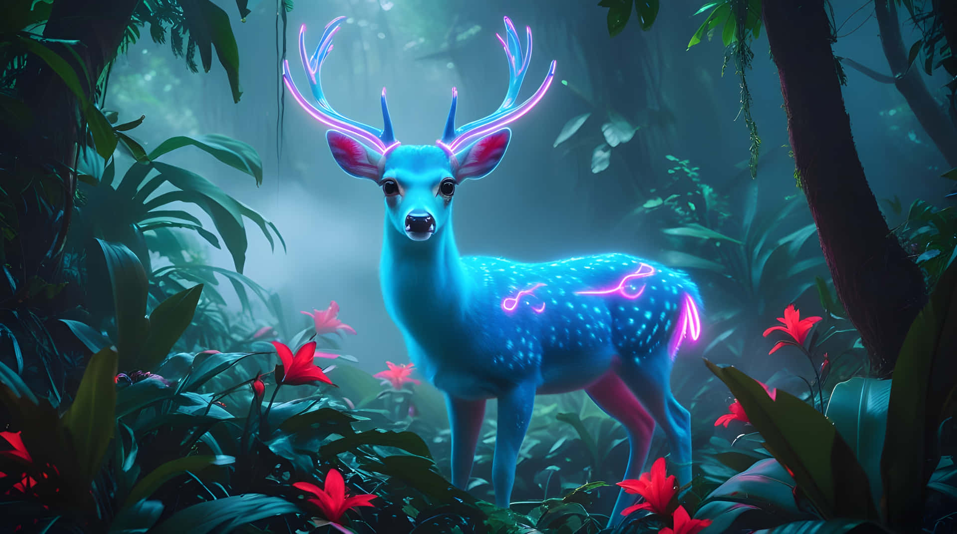 A beautiful deer in the jungle 壁紙 — 一隻發光的霓虹藍色鹿，帶有粉紅色鹿角，站在霧氣瀰漫的叢林中，周圍是紅花和綠葉。