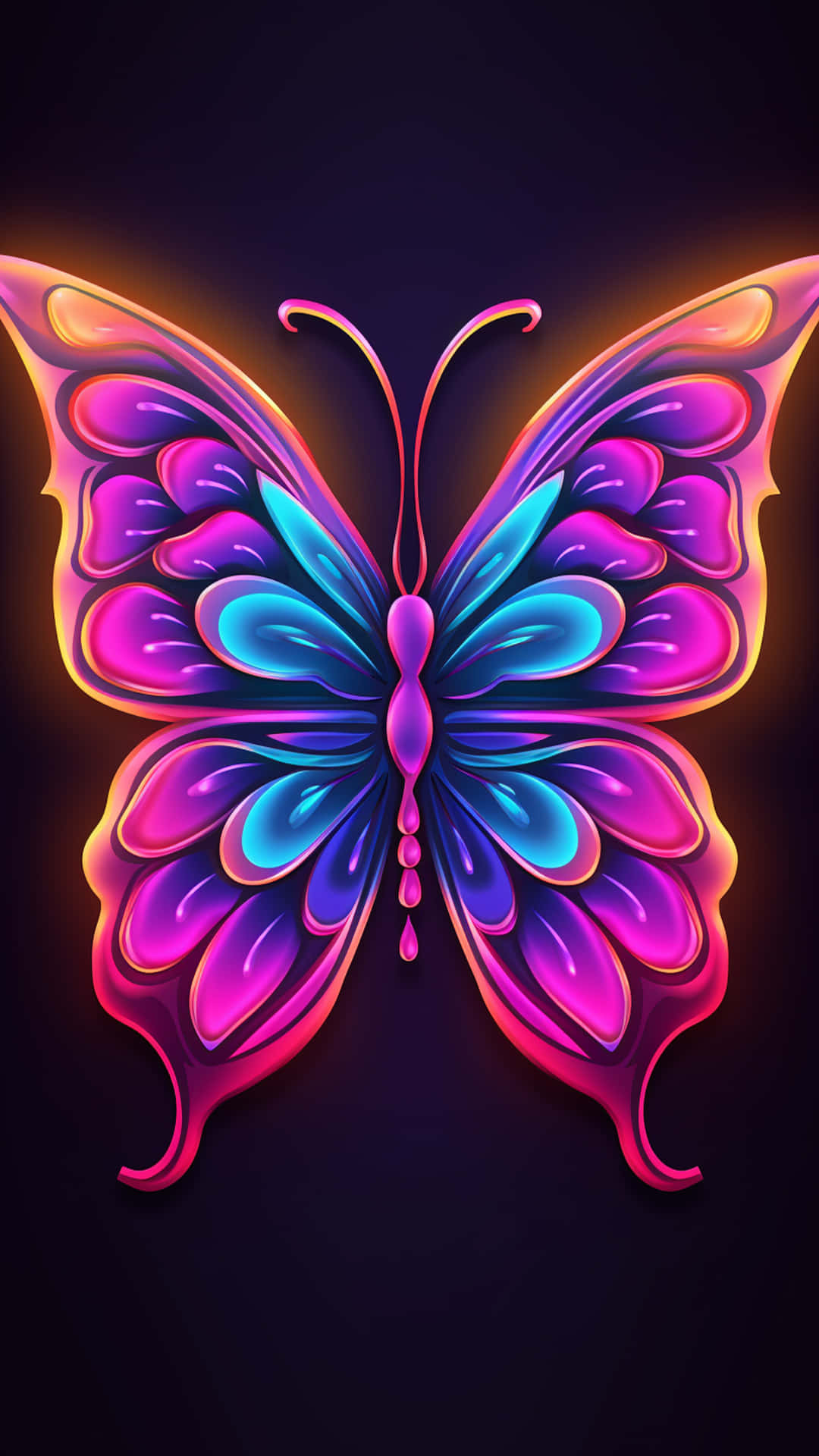butterfly neon light 壁紙 — 一隻發光的霓虹蝴蝶，帶有充滿活力的紫色、粉紅色和藍色翅膀，在黑暗背景下閃耀。