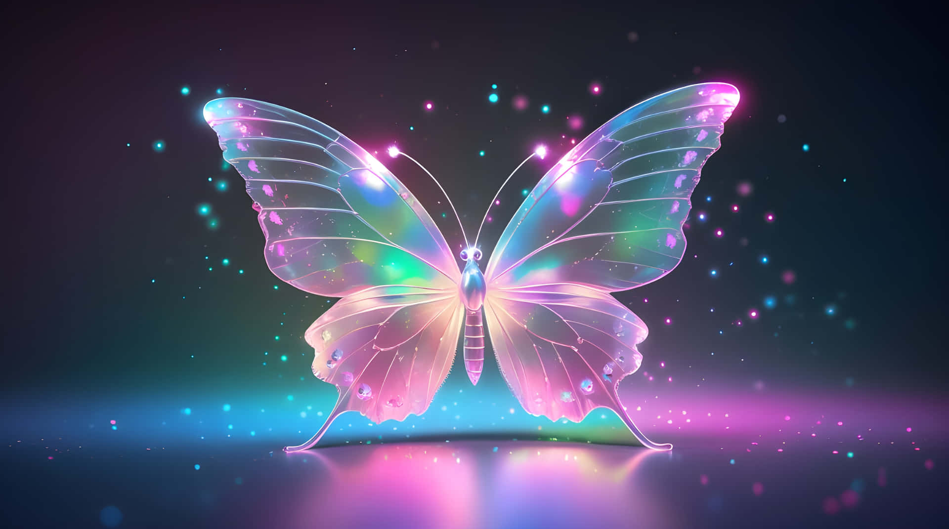 A beautiful butterfly flying wallpaper 壁紙 — 一隻發光的霓虹蝴蝶，帶有彩虹色翅膀，懸浮在反射表面上方，周圍環繞著閃爍的粒子。