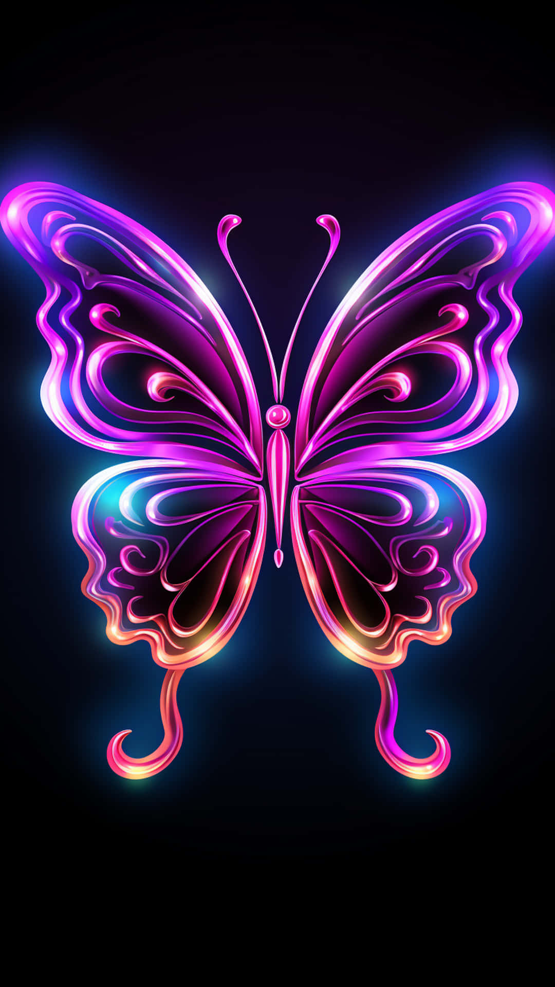 butterfly neon light 壁紙 — 一隻發光的霓虹蝴蝶，帶有旋轉的紫色、粉紅色和藍色翅膀，背景為黑色。