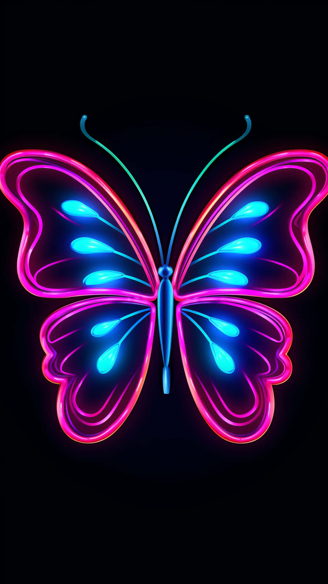 butterfly neon light background 壁紙 — 一隻發光的霓虹蝴蝶，帶有洋紅色翅膀和青色斑點，在黑色背景上脈動。