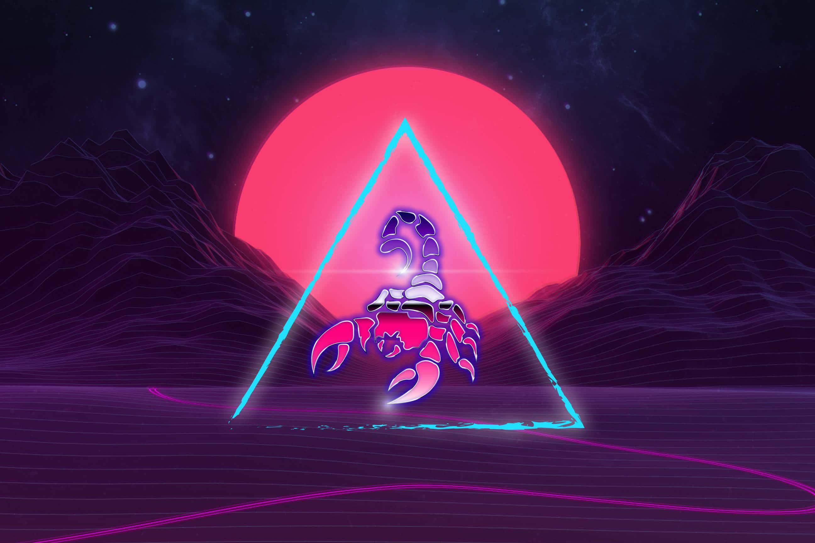 Scorpio 桌布 壁紙 — 一隻發光的霓虹蠍子坐在三角形內，背景是粉紅色的太陽和紫色的山脈，呈現復古未來主義場景。