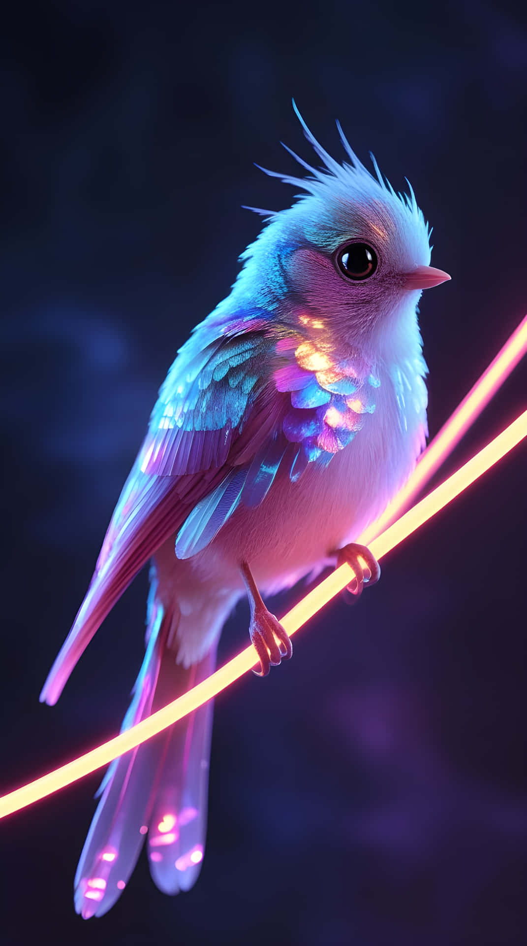 Beautiful Bird 壁紙 — 一隻發光的霓虹鳥，帶有尖刺的白色冠羽，棲息在明亮的橙色電線上，背景為深紫色。