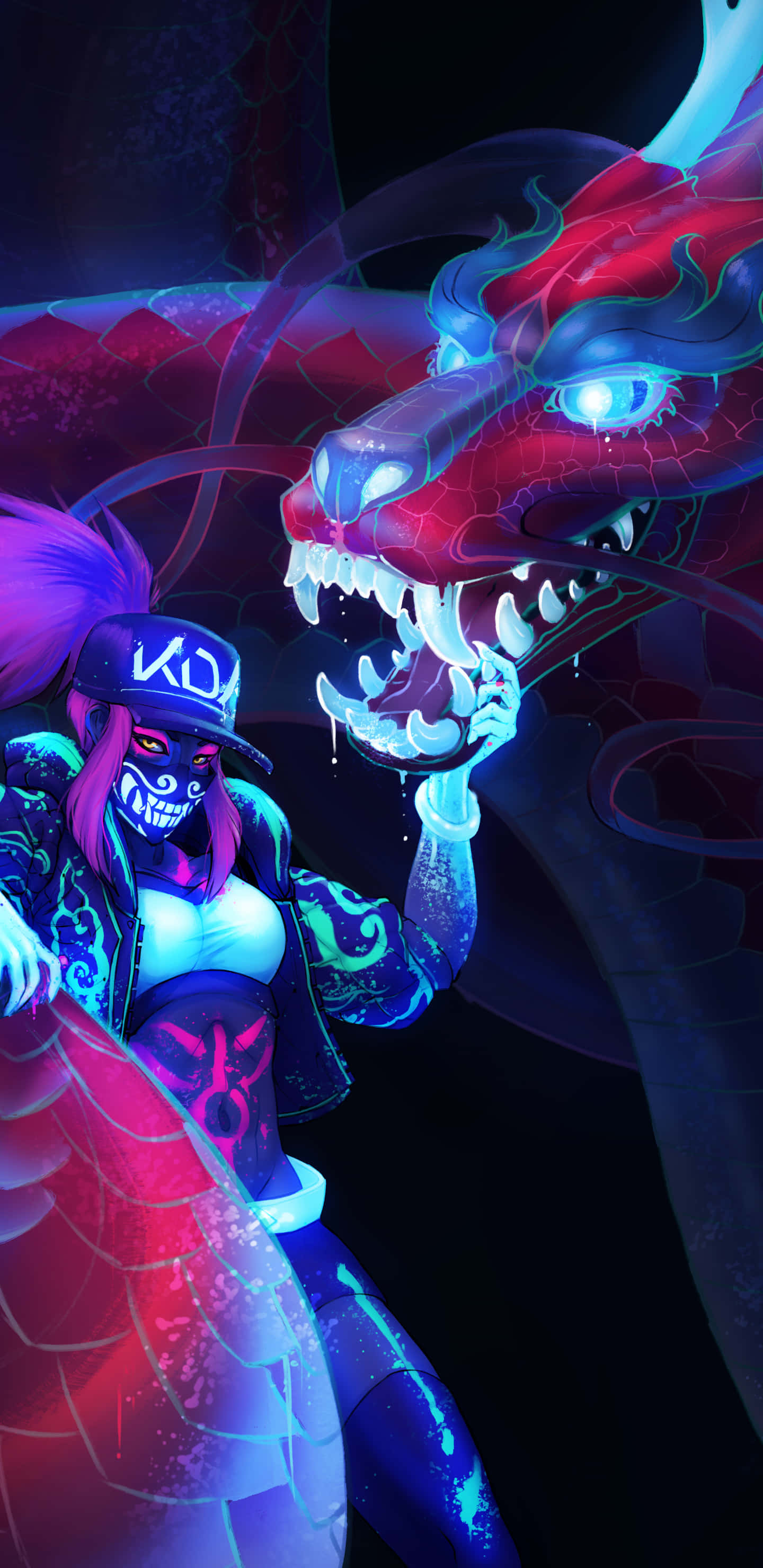Android League Of Legends 桌布 壁紙 — 一隻發光的霓虹龍，藍色眼睛，在黑暗而充滿活力的數位場景中與一個龐克風格的角色對峙。