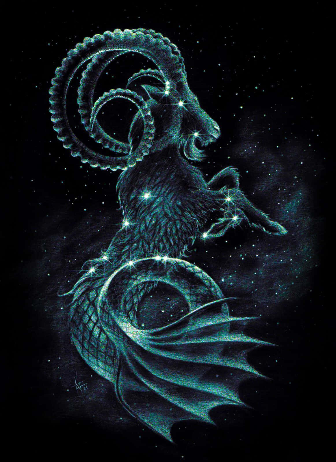 摩羯座 桌布 壁紙 — 一隻發光的青綠色公羊，長著星形角和尾巴，威嚴地站在點綴著閃爍星星的黑暗宇宙背景前。