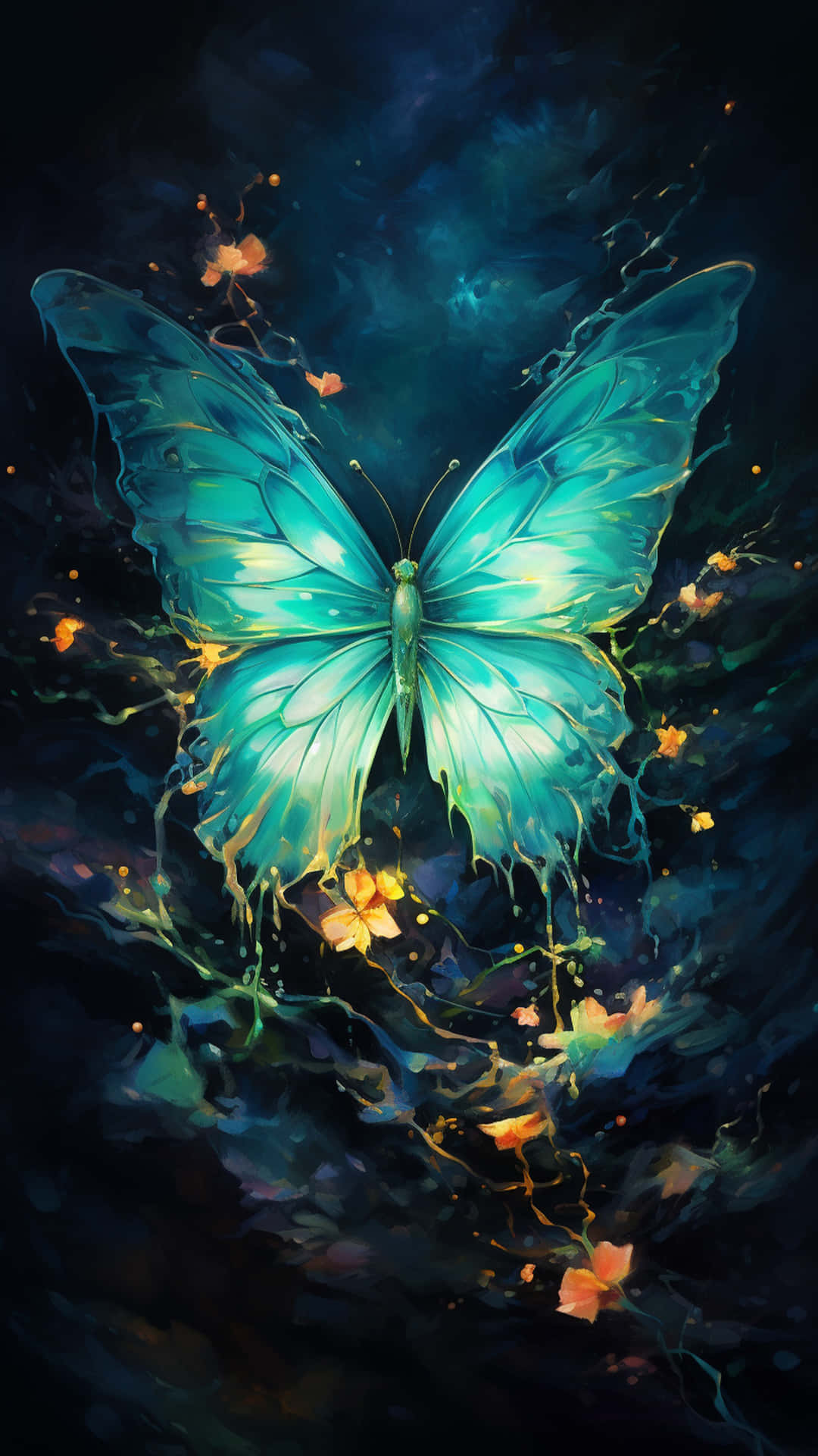 butterfly and colourful background 壁紙 — 一隻發光的青綠色蝴蝶，翅膀閃爍，從一個裝飾著漂浮橙色花朵的黑暗宇宙漩渦中出現。