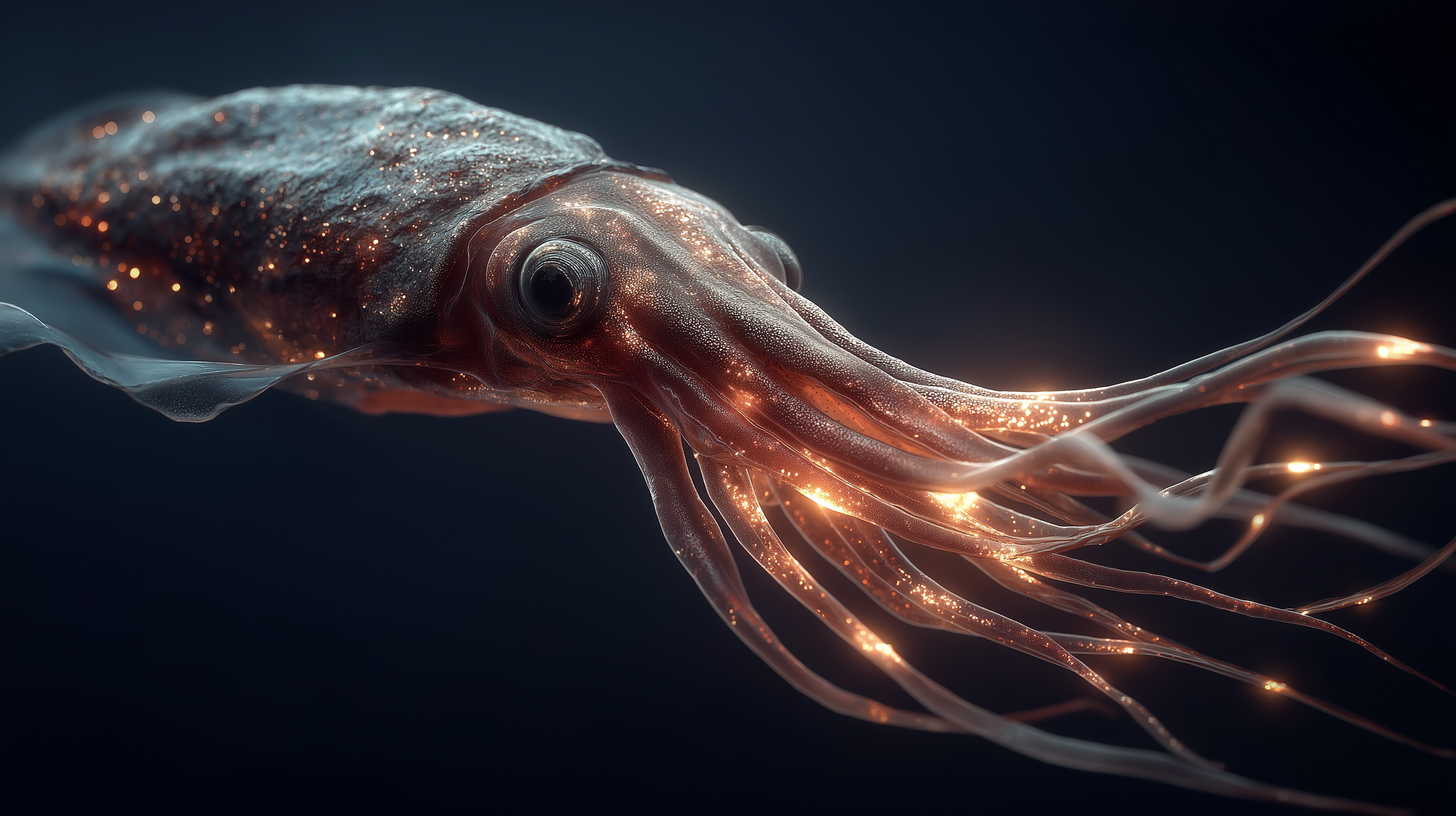 Giant Squid 桌布 壁紙 — 一隻發光的魷魚，帶有閃閃發光的琥珀色觸手，在黑暗的海水中以電影般的特寫鏡頭滑行。