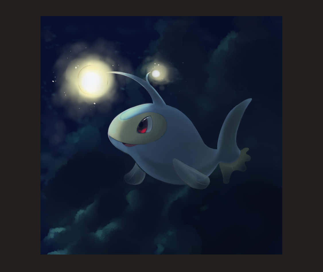 寶可夢 桌布 壁紙 — 一隻發光的鯊魚狀寶可夢在明亮的天空之光下穿過烏雲游動。