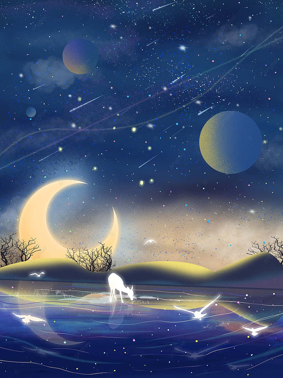 Aesthetic Sky 桌布 壁紙 — 一隻發光的鹿在夢幻夜空下，於新月和流星照耀的星湖中飲水。