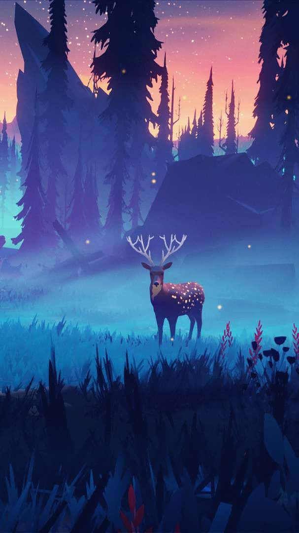 Deer Hunting 桌布 壁紙 — 一隻發光的鹿帶有星狀斑點，站在薄霧籠罩的森林中，在黃昏時分粉紅與紫色的天空下。