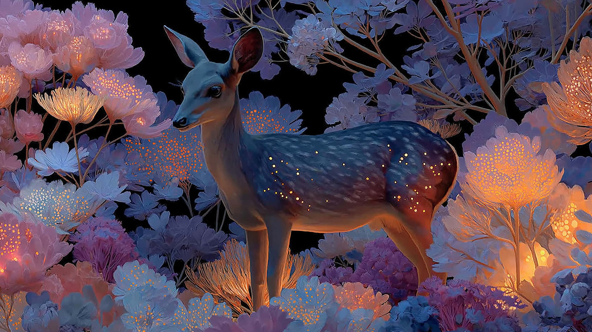 Graceful Deer with Glowing Spots in a Magical Fantasy Forest 壁紙 — 一隻發光的鹿站在發光的紫色和橙色花朵中，在黑暗的天空下。