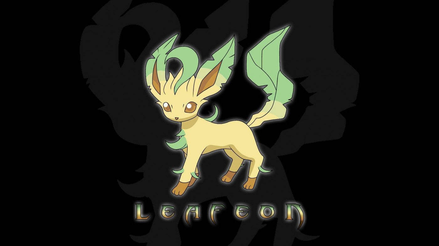 Leafeon 桌布 壁紙 — 一隻發光的黃綠色葉伊布在深色剪影背景上擺好姿勢，下方有其名字。