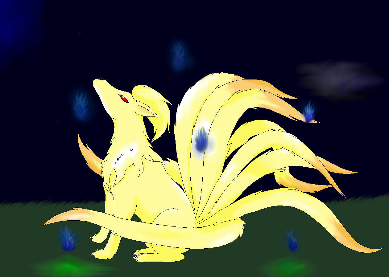 Nine Tailed Fox 桌布 壁紙 — 一隻發光的黃色九尾狐，紅色眼睛，在黑暗的夜空下警覺地坐著，周圍有漂浮的藍色火焰。