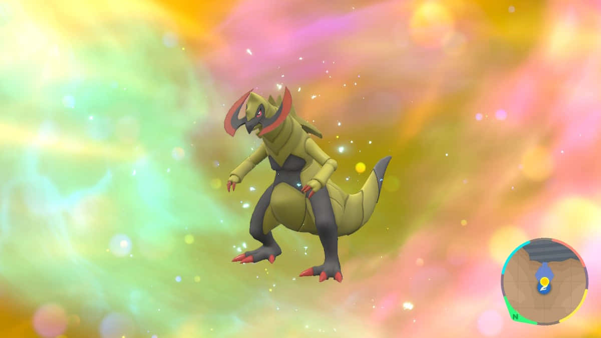 Pokemon Aesthetic 桌布 壁紙 — 一隻發光的黃色和黑色寶可夢動態地站在充滿活力的粉紅色、綠色和黃色漩渦星雲前。