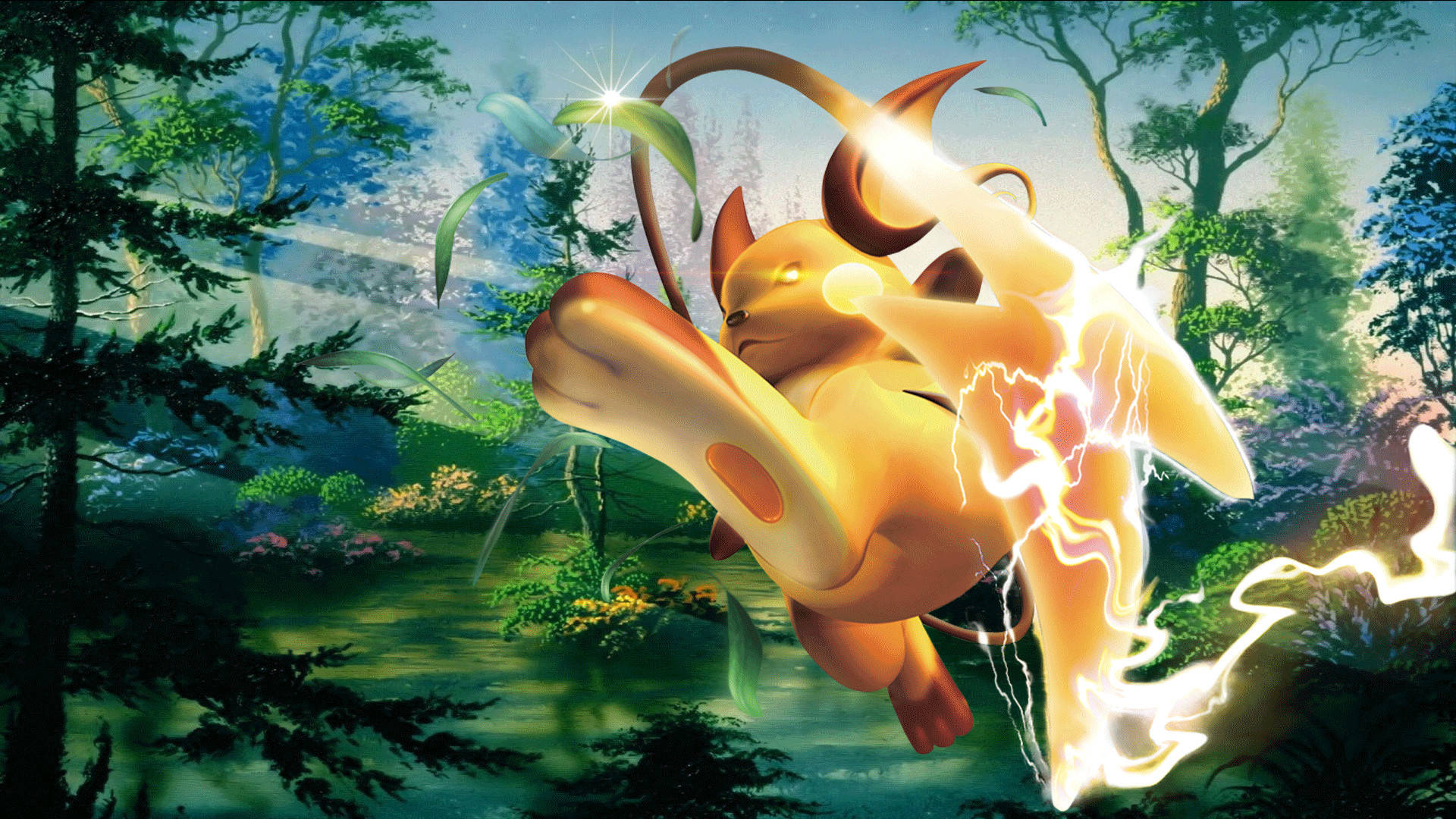 Raichu 桌布 壁紙 — 一隻發光的黃色寶可夢跳過陽光明媚的森林，劈啪作響的電能在其強大的形態周圍旋轉樹葉。