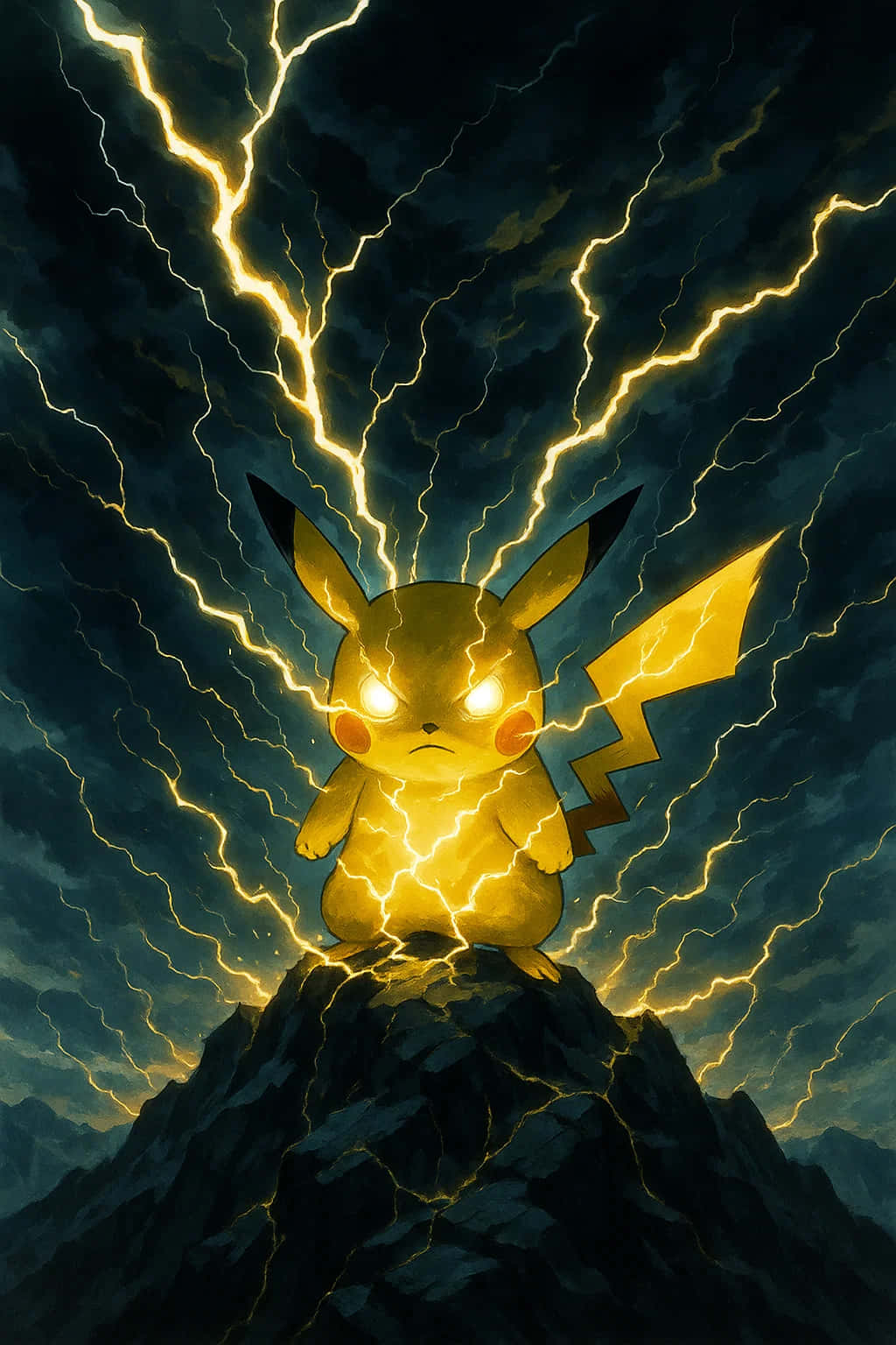 Pikachu HD Wallpaper WEBP 4K Background Download 壁紙 — 一隻發光的黃色皮卡丘站在鋸齒狀的山峰頂上，金色的閃電在它周圍劈啪作響，映襯著黑暗的暴風雨天空。